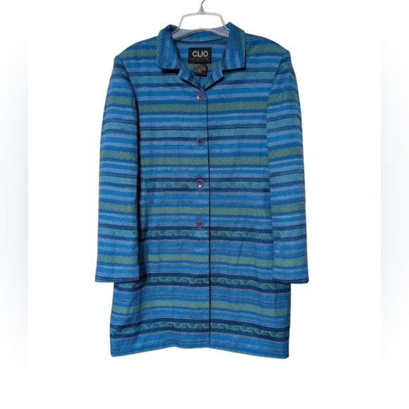 Clio 2 Piece Stylish Blue Striped Women's Button Down Coat And Dress Set Size 14 - Picture 2 of 16